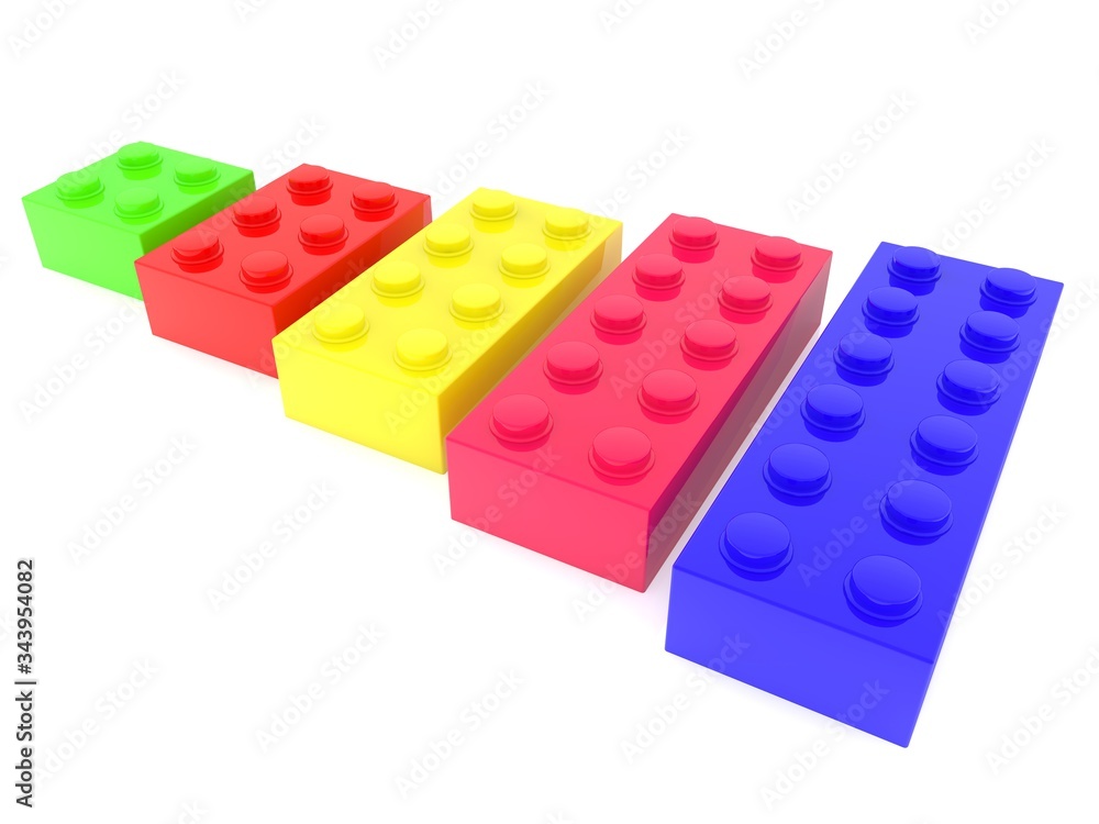 Toy bricks in one row from larger to smaller Toy bricks in one row from larger to smaller