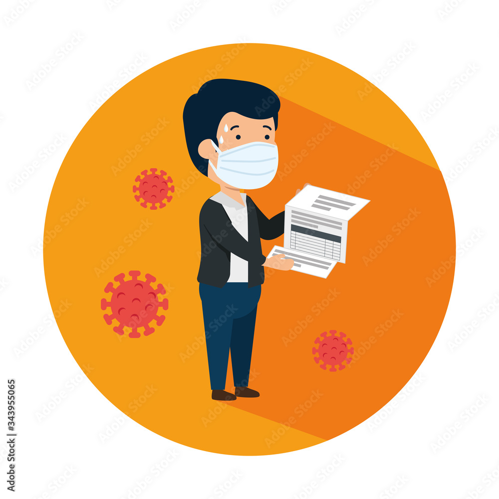 businessman using face mask with receipt and particles covid 19 vector illustration design businessman using face mask with receipt and particles covid 19 vector illustration design