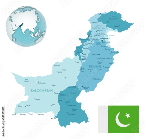 Pakistan administrative blue-green map with country flag and location on a globe.
