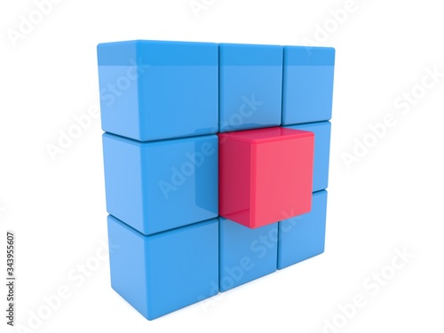 Red toy block in the center of the blue toy blocks