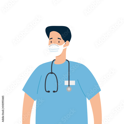 male paramedic using face mask with stethoscope vector illustration design
