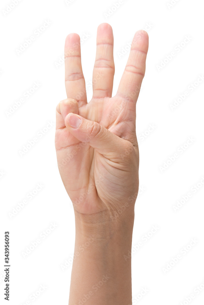 Hand shows number three, isolated background Hand shows number three, isolated background