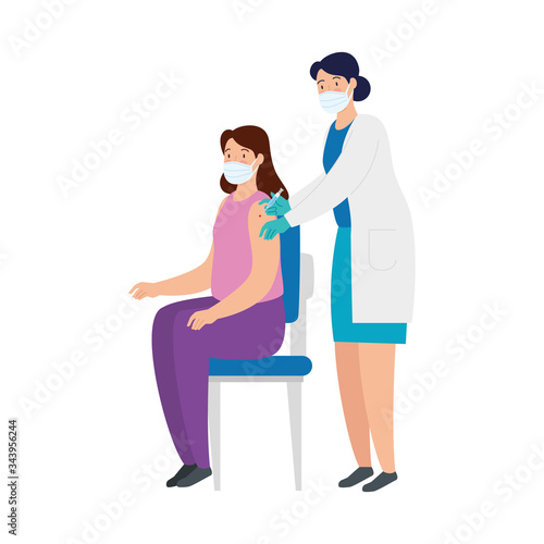 doctor female vaccinating to woman using face mask vector illustration design