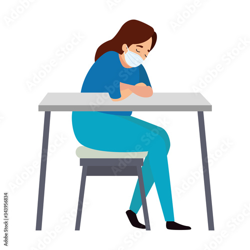 female paramedic sleeping on desk using face mask vector illustration design