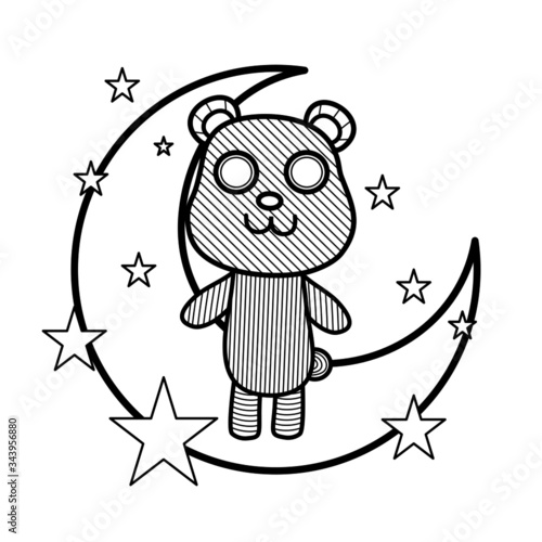 coloring page for kid , vector abstract bear with line on with moon and star