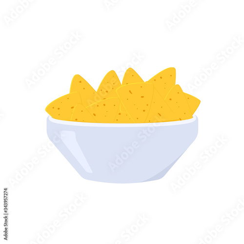 Cheese mexican nachos plate. National mexican food. Flat illustration on white background