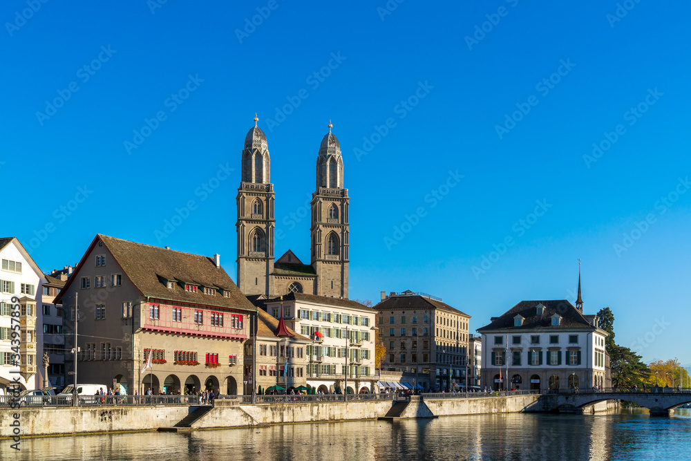 Fraumunster and Grossmunster churches in sunset light, Zurich, Switzerland