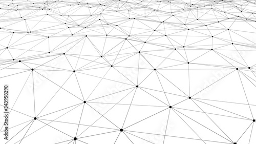 Vector perspective grid. Network of bright connected dots and lines. Abstract dynamic wave of many points. Detailed lines forming an abstract background