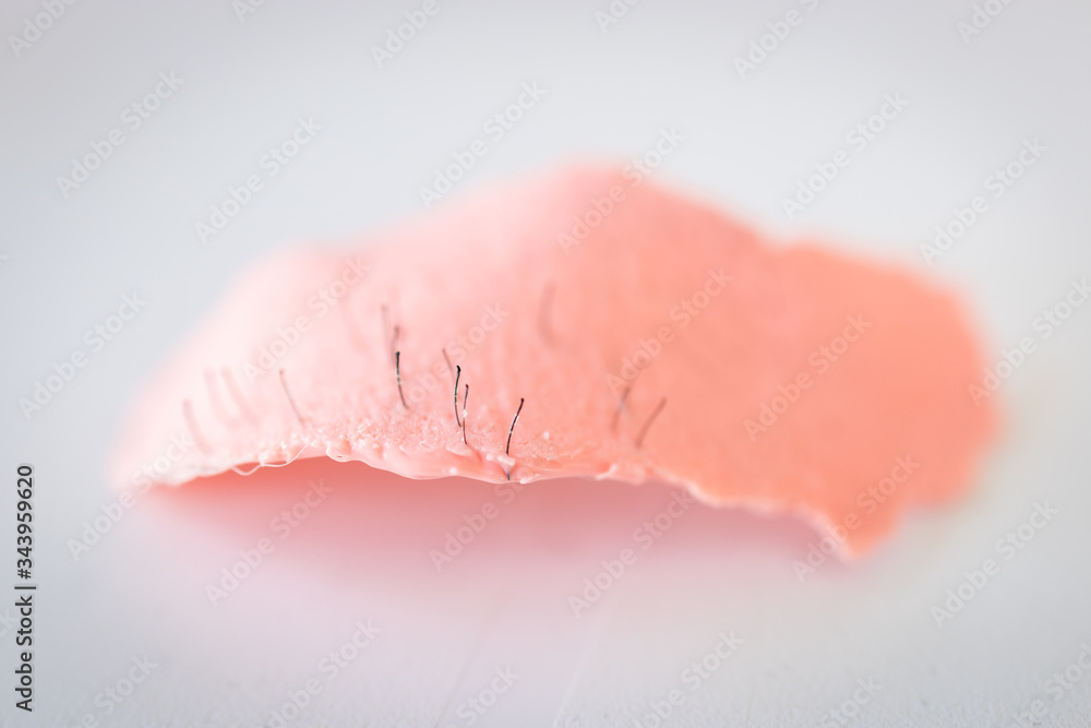 Used waxing strip showing male face hairs after removal. Close up on white background. Used waxing strip showing male face hairs after removal. Close up on white background.