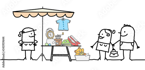 Cartoon producer selling second-hand objects on a flea-market store