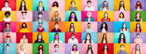 Photo multiple montage image of student kid afro human people of different age and ethnicity wearing surgical disposable and fabric breathing masks isolated over bright colorful background photo