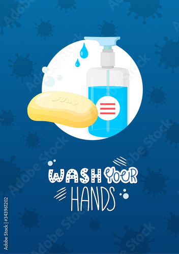 Soap sanitizer antibacterial protection poster.