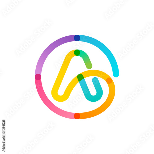 Letter A logo in a rainbow gradient circle. Impossible one line style.