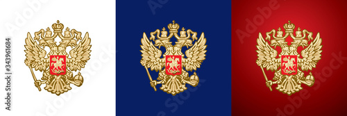 Russian Double-headed eagle, gold handcraft Russian Empire and Russian Federation coat of arms, heraldic symbol on a transparent, white, blue and red background vector illustration