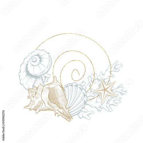 Murais de parede Marine art wreath, seastar and ocean seashell spiral line, vector gold geometric frame