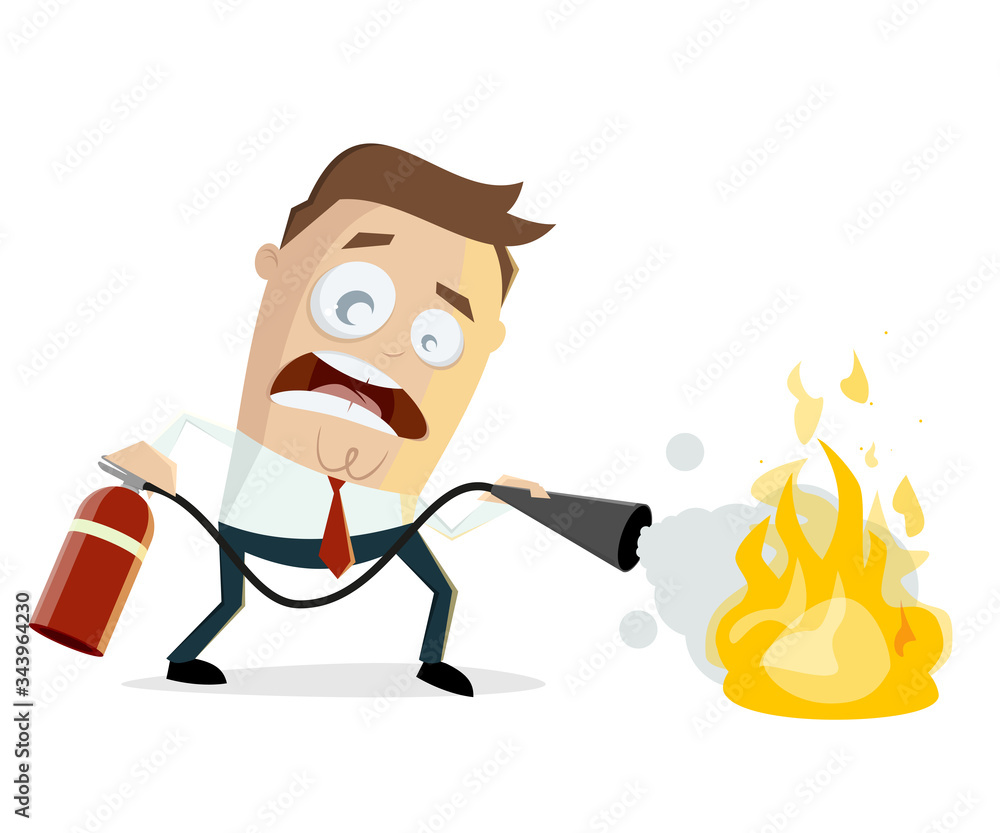 Vecteur Stock funny illustration of a cartoon man with fire extinguisher |  Adobe Stock