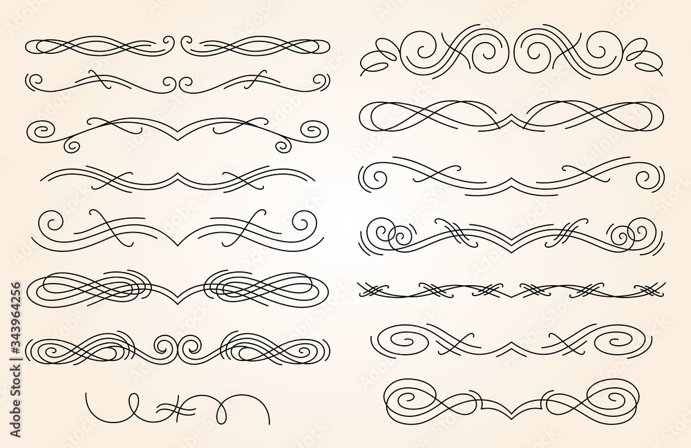 Set of different thin hand drawn text dividers for your design. Ink borders. Vector decorative flourishes elements on white background. Hand drawn swirl dividers