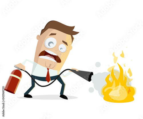 funny illustration of a cartoon man with fire extinguisher