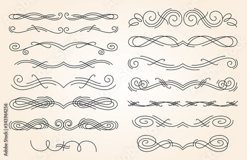 Set of different thin hand drawn text dividers for your design. Ink borders. Vector decorative flourishes elements on white background. Hand drawn swirl dividers