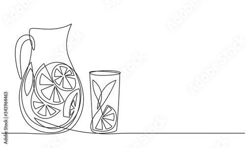 Carafe with lemonade. Jug and glass with a refreshing citrus drink. Glass of water with lemon and mint. Detox. Diet food. Continuous line drawing. Sketch.
