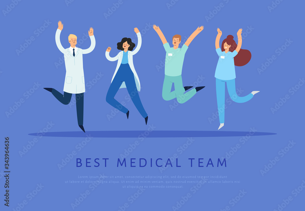 Set of happy male and female medicine workers jumping with raised hands in various poses. Joyful positive hospital medical specialists rejoicing together:  doctor, surgeon, physician, paramedic, nurse