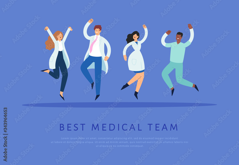 Set of happy male and female medicine workers jumping with raised hands in various poses. Joyful positive hospital medical specialists rejoicing together:  doctor, surgeon, physician, paramedic, nurse