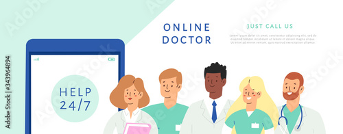 Set of various male and female medicine workers. Group of hospital medical specialists standing together: doctor, surgeon, physician, paramedic, nurse and other staff. Template, banner with text