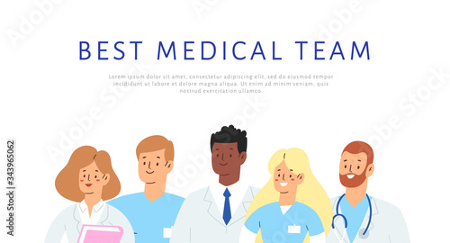 Set of various male and female medicine workers. Group of hospital medical specialists standing together: doctor, surgeon, physician, paramedic, nurse and other staff. Template, banner with text