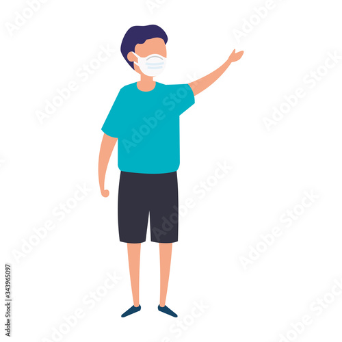 boy using face mask waving isolated icon vector illustration design