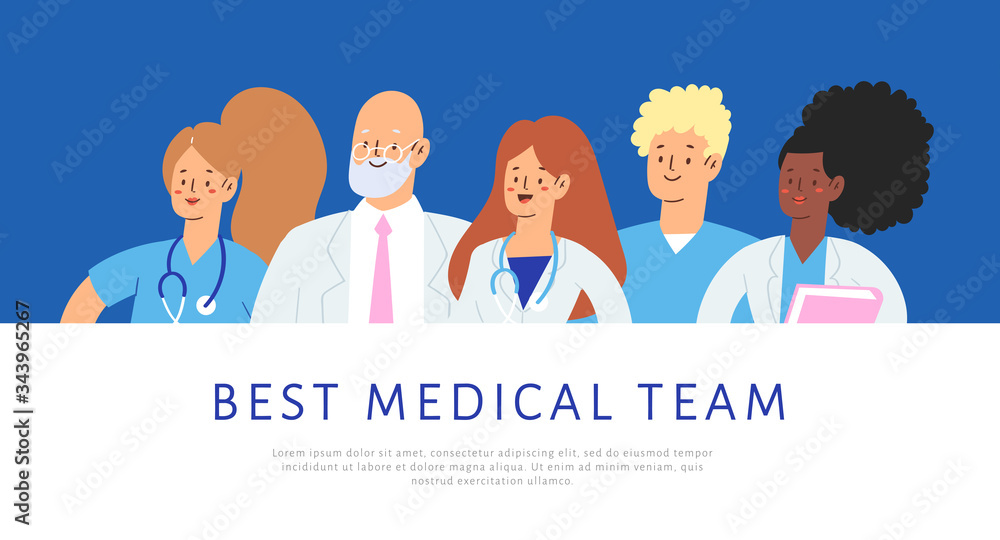 Set of various male and female medicine workers. Group of hospital medical specialists standing together: doctor, surgeon, physician, paramedic, nurse and other staff. Template, banner with text Set of various male and female medicine workers. Group of hospital medical specialists standing together: doctor, surgeon, physician, paramedic, nurse and other staff. Template, banner with text