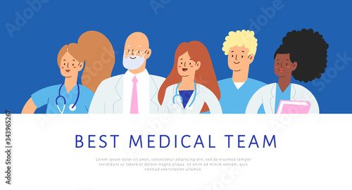 Set of various male and female medicine workers. Group of hospital medical specialists standing together: doctor, surgeon, physician, paramedic, nurse and other staff. Template, banner with text