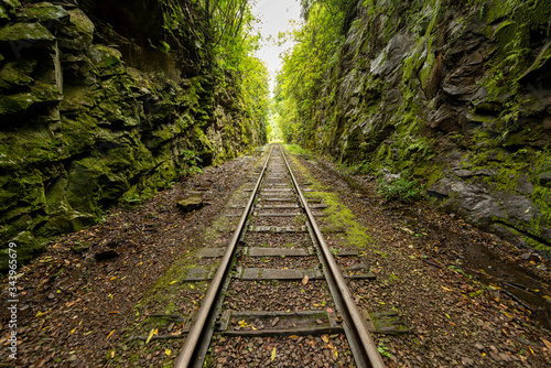 Railway crossing forest in Bento Gonçalves, Rio Grande do Sul, Brazil on November 19, 2017. City known as the Brazilian capital of wine