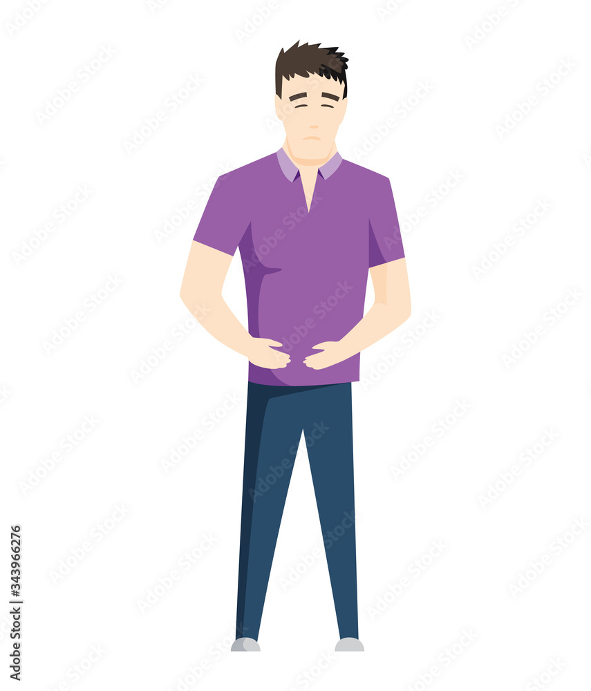 Man having stomachache symptoms of appendicitis with large, small intestine and appendix. Young man clutched his stomach. Abdominal pain. Appendix disease, emergency case Man having stomachache symptoms of appendicitis with large, small intestine and appendix. Young man clutched his stomach. Abdominal pain. Appendix disease, emergency case