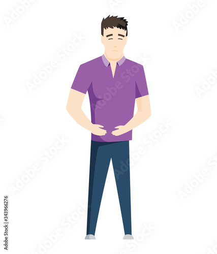 Man having stomachache symptoms of appendicitis with large, small intestine and appendix. Young man clutched his stomach. Abdominal pain. Appendix disease, emergency case