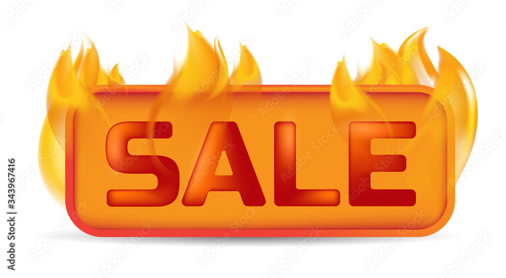 Hot sale banner or website button on fire. Vector illustration of burning price badge, promotion offer, retail special deal or flaming label frame isolated on white background Hot sale banner or website button on fire. Vector illustration of burning price badge, promotion offer, retail special deal or flaming label frame isolated on white background