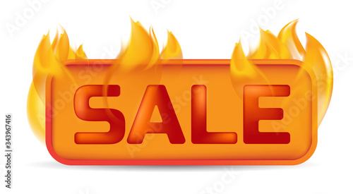 Hot sale banner or website button on fire. Vector illustration of burning price badge, promotion offer, retail special deal or flaming label frame isolated on white background