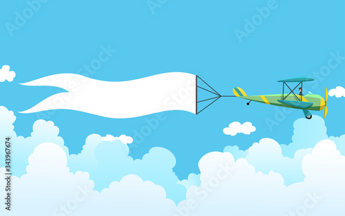 Retro airplane with a banner. Biplane aircraft pulling advertisement banner. Plane with white ribbon for message area. Vector illustration