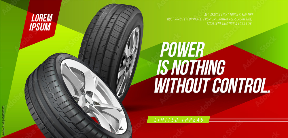 Car tyres banners template. 3D illustration of car tire. Wheel. Black ...