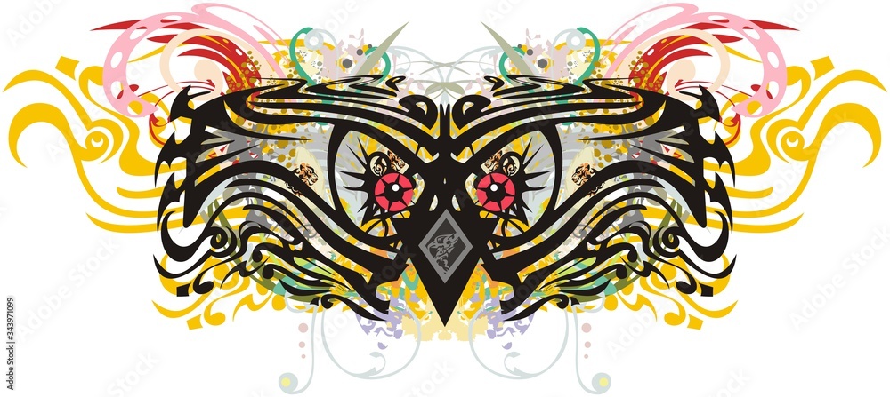 Scary floral owl eyes splashes. Grunge abstract colored owl head on a white background for holidays, tattoo, prints on t-shirts, textile, posters, decorative compositions, etc.