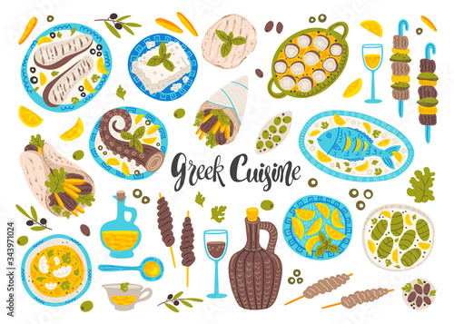 Greek cuisine flat vector illustrations set. Tasty moussaka, fasolada and gyros. Traditional greece cooking. Delicious seafood and snacks with wine. Mediterranean dishes, gourmet restaurant menu
