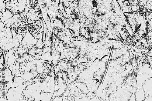 Abstract black white image with long and short intermittent liquid lines made by brush. A monochrome image drawn by hand. Dirty shabby smears of black paint. Vector eps illustration.