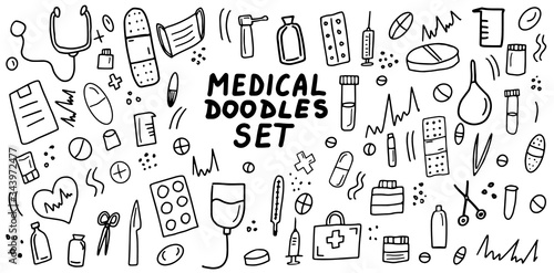 Medical doodles icon set. Hand drawn lines health care concepts, pharmacy, medicine cartoon icons collection. Vector illustration.