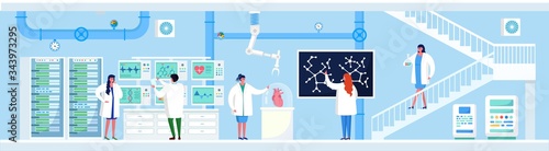 Science research in laboratory vector illustration. Cartoon flat people scientists make lab experiment, character works on computer, analysis scientific equipment. Medical chemical pharmacy technology