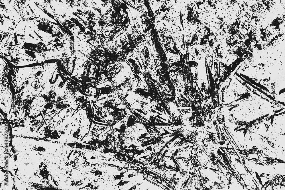 Abstract black white image with long and short intermittent liquid lines made by brush. A monochrome image drawn by hand. Dirty shabby smears of black paint. Vector eps illustration.