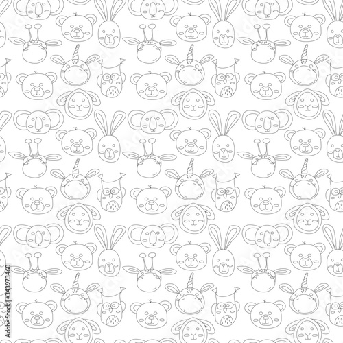 Seamless pattern outline illustration of animals head - rabbit  bear  giraffe  owl  unicorn  sheep and koala isolated on white background. Design for gifts  wrapping paper  printed materials  textile.