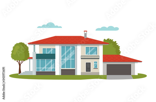 Modern house vector illustrations. Cartoon flat home apartment, facade exterior of residential building with garage, green trees. Modern cottage in town, family villa house set icons isolated on white