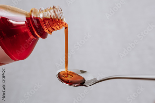 Covid -Liquid medicine bottle being poured out onto a metal spoon photo