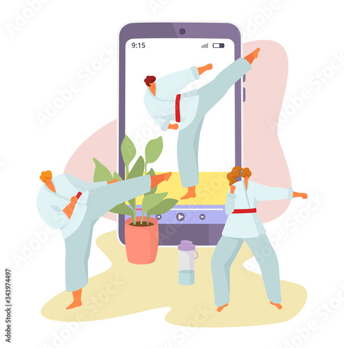 Online sport tutorial vector illustrations. Cartoon woman man characters in healthy sport activity using video lessons app on smartphone or computer, active people sporting set icons isolated on white
