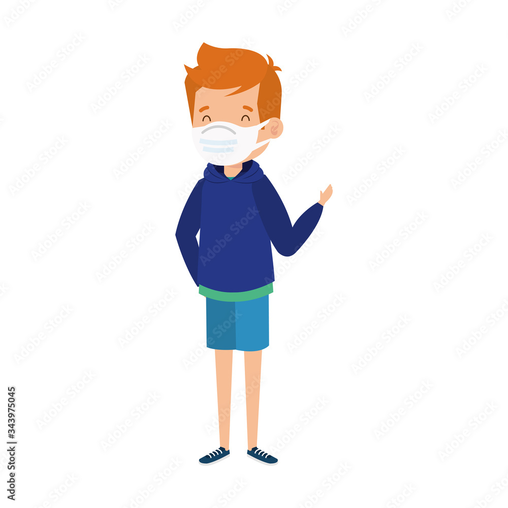 cute boy using face mask waving isolated icon vector illustration design
