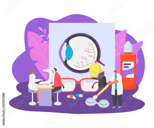 Ophthalmology medicine vector illustration set. Cartoon tiny patients people visit ophthalmologist doctor character, check or adjustment eye health with optical equipment in medical clinic hospital